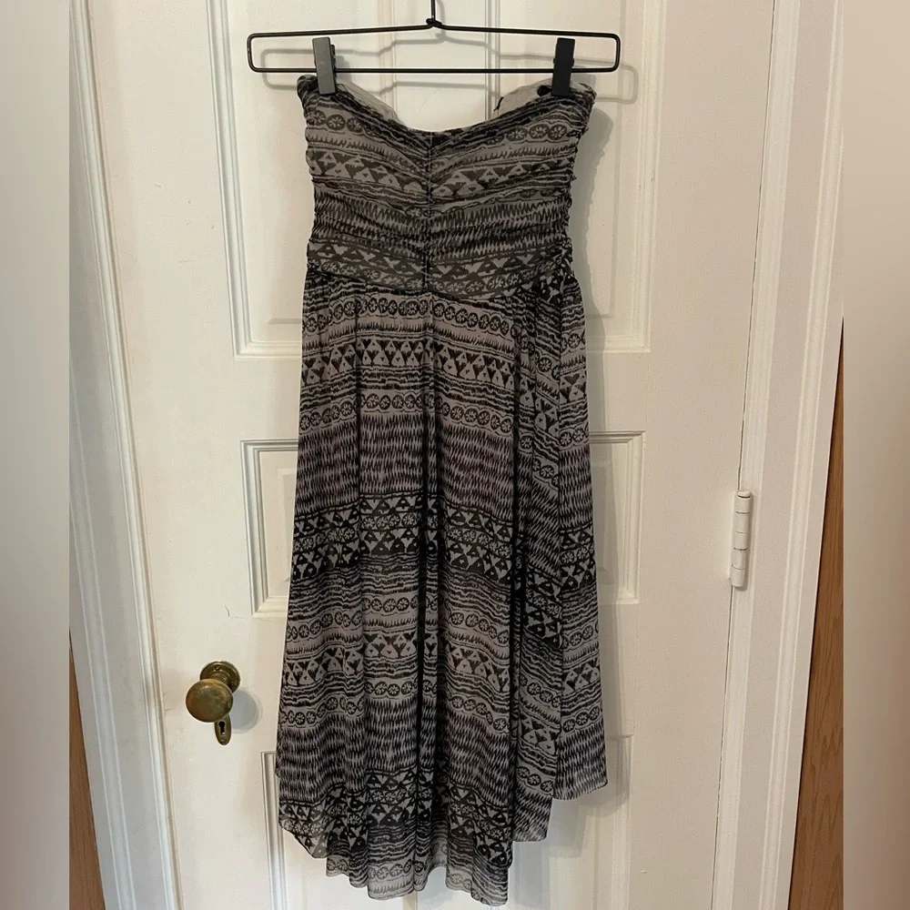 FREE PEOPLE BLACK GREY TRIBAL PRINT MESH STRAPLESS SWEETHEART HI LOW DRESS SMALL